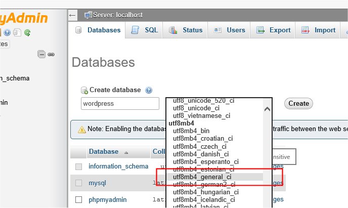 Creating a database in phpMyAdmin 4.4