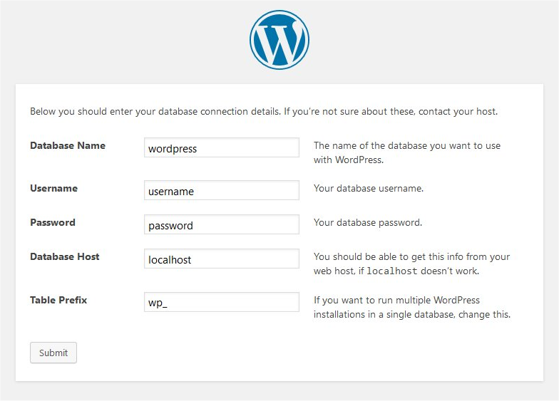 The WordPress setup screen