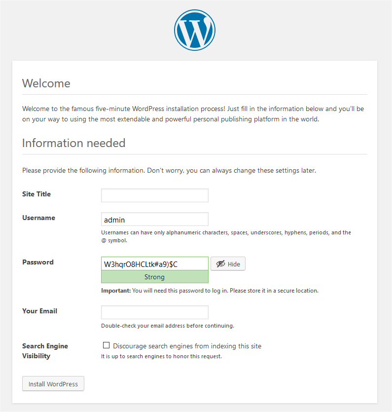 The WordPress installation screen